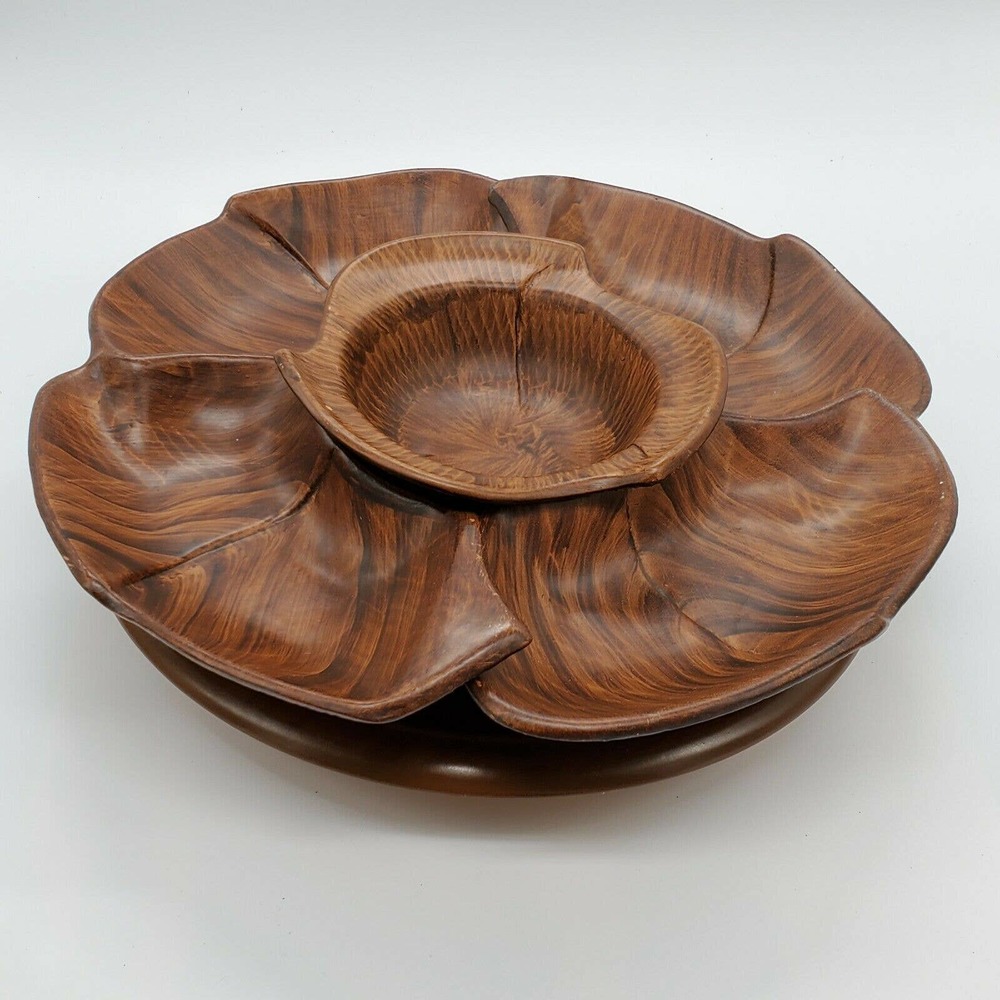 California pottery 4PC petrified flower turntable serve set #146 VTG 1960's